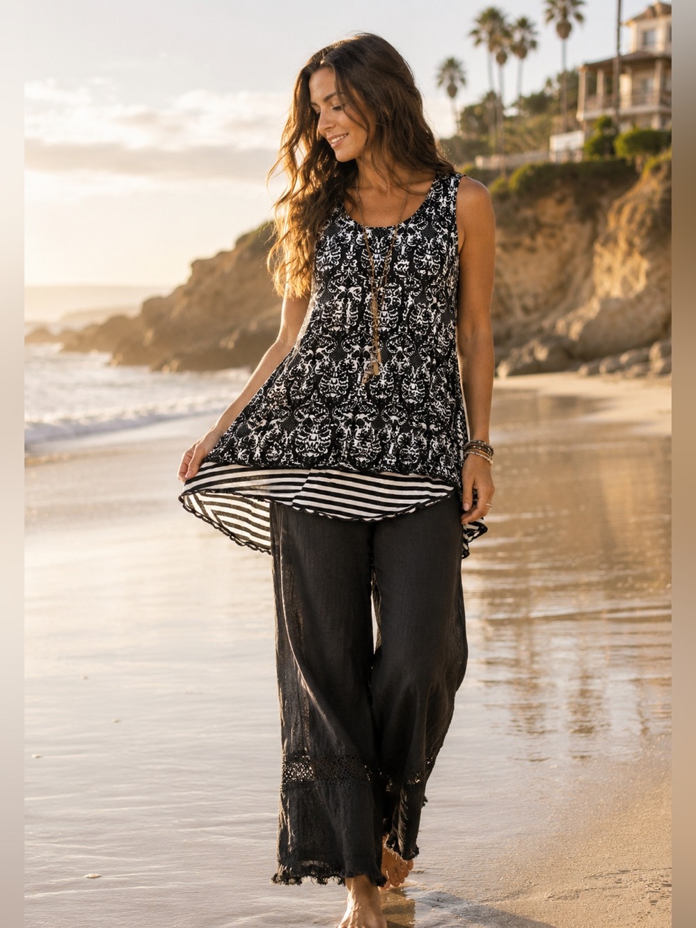 Damask Sleeveless Tiered Striped Textured Art to Wear Tunic Tank Top Boho, M